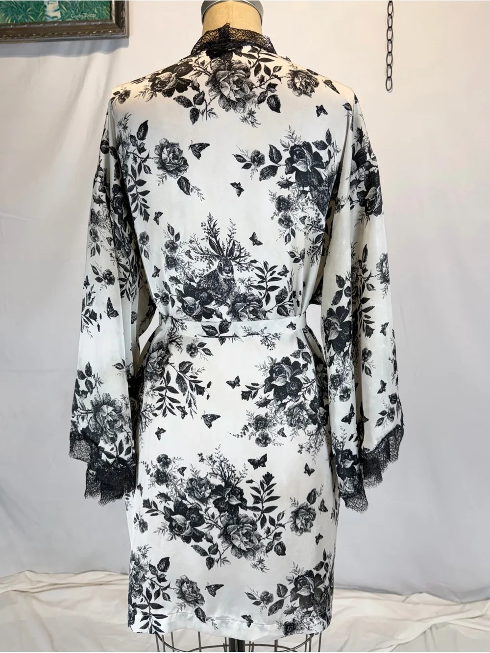 Victorias Secret Hidden Bunny Toile satin robe rabbit butterfly floral black xs